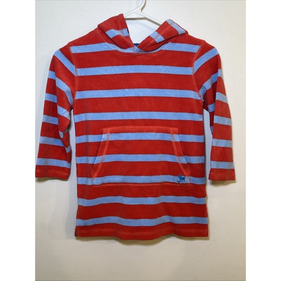 Mini Boden Striped Terry Cloth Hoodie Swim Coverup  Blue Red 4-5Y - Picture 1 of 5